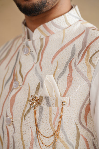 White Thread Embroidered Waist Coat Kurta Set on silk