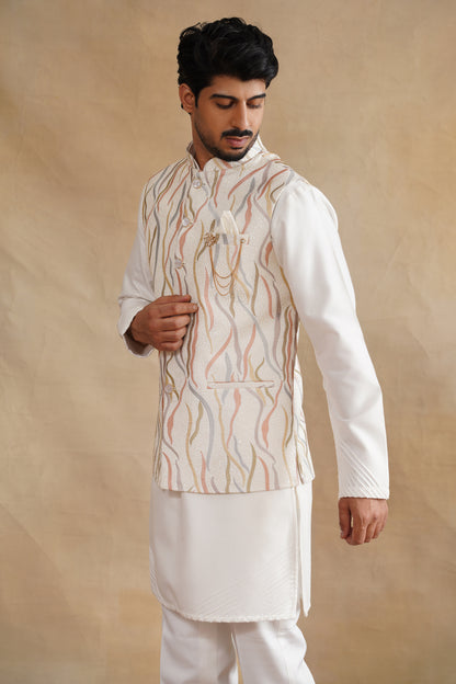 White Thread Embroidered Waist Coat Kurta Set on silk