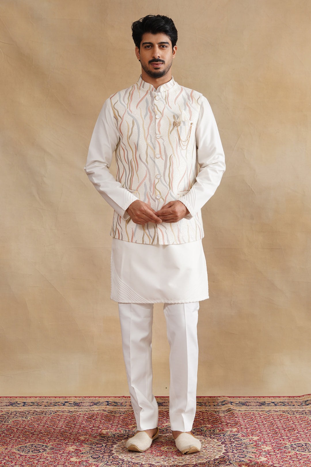 White Thread Embroidered Waist Coat Kurta Set on silk
