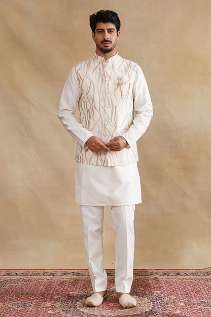 White Thread Embroidered Waist Coat Kurta Set on silk
