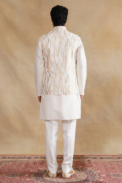 White Thread Embroidered Waist Coat Kurta Set on silk