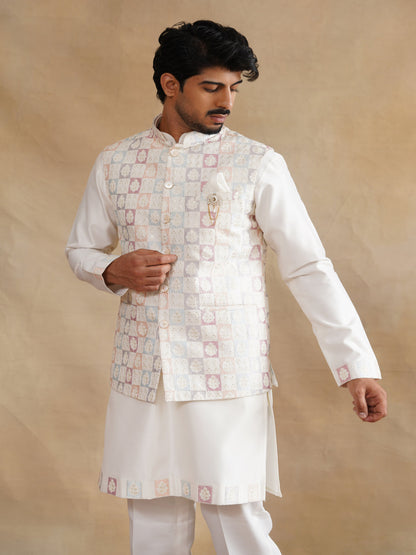 White Thread Embroidered Waist Coat Kurta Set on silk
