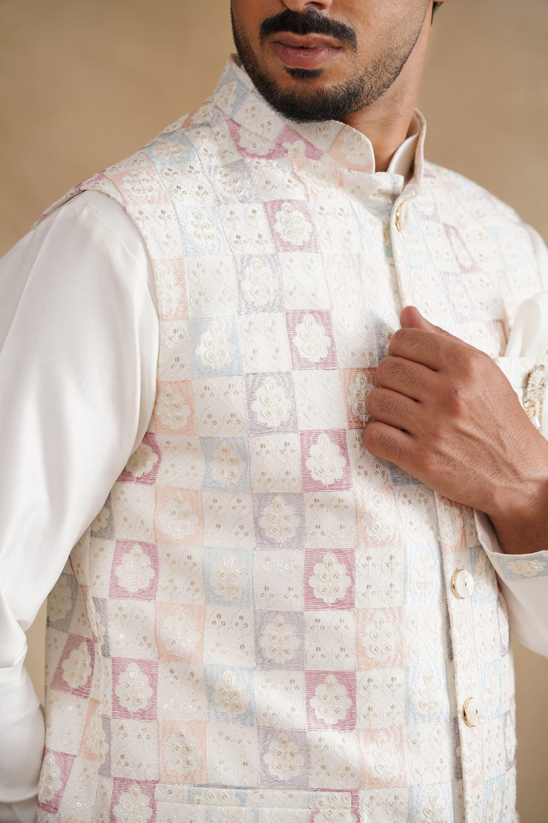 White Thread Embroidered Waist Coat Kurta Set on silk
