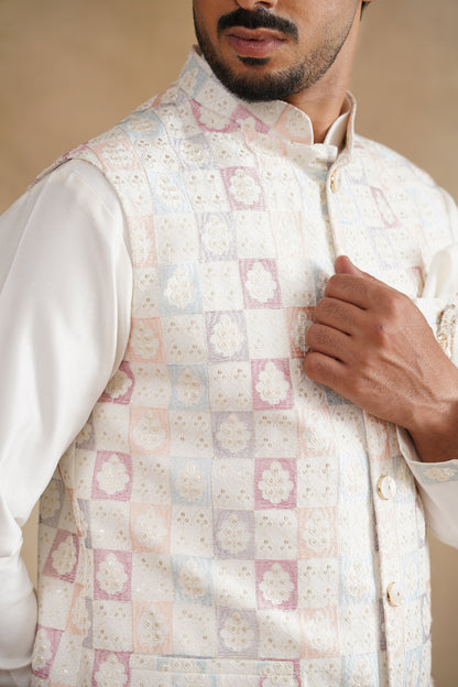 White Thread Embroidered Waist Coat Kurta Set on silk
