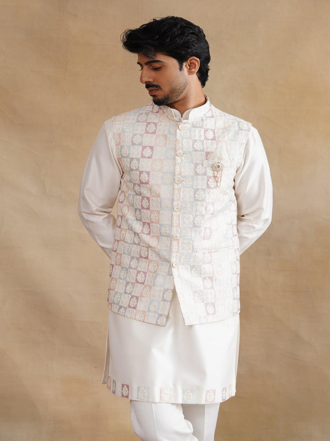White Thread Embroidered Waist Coat Kurta Set on silk