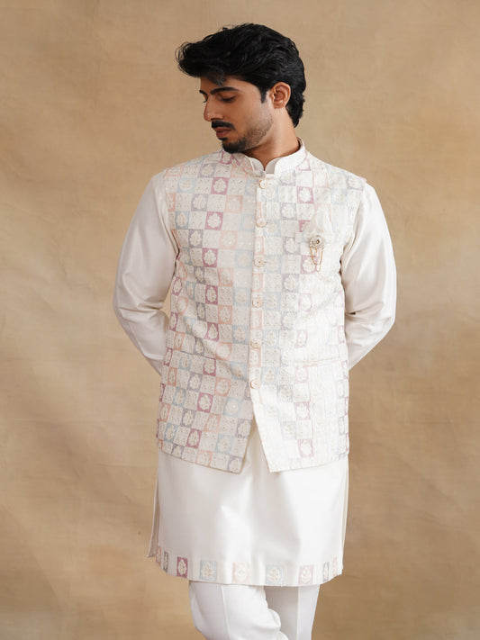 White Thread Embroidered Waist Coat Kurta Set on silk