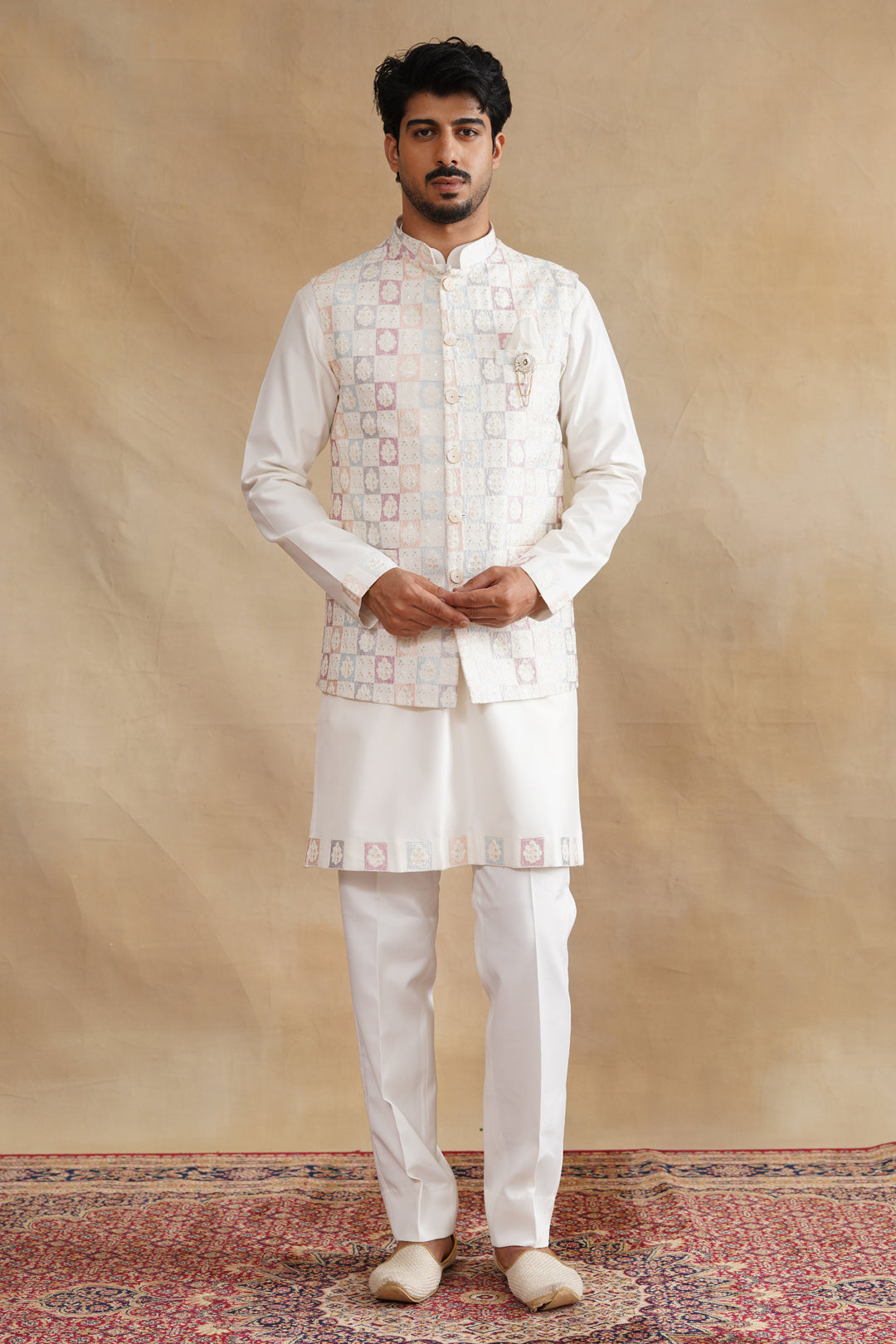 White Thread Embroidered Waist Coat Kurta Set on silk
