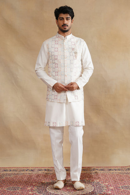 White Thread Embroidered Waist Coat Kurta Set on silk