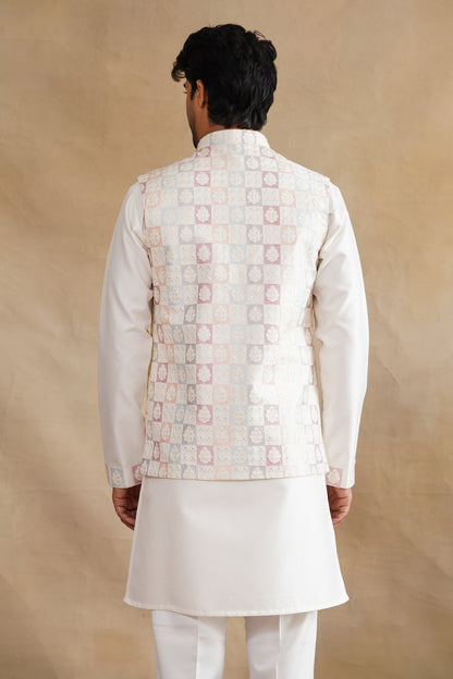 White Thread Embroidered Waist Coat Kurta Set on silk