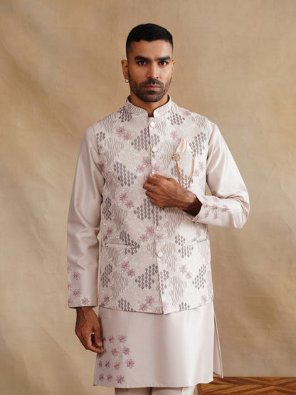 White Thread Embroidered Waist Coat Kurta Set on silk
