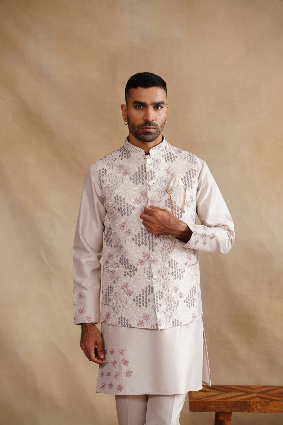 Rose Gold Waistcoat Kurta Set with Pink Floral & Geometric Embroidery