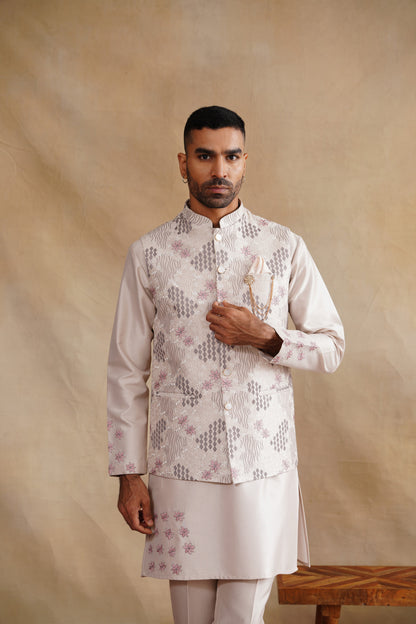 Rose Gold Waistcoat Kurta Set with Pink Floral & Geometric Embroidery