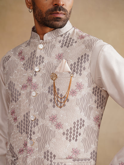 White Thread Embroidered Waist Coat Kurta Set on silk