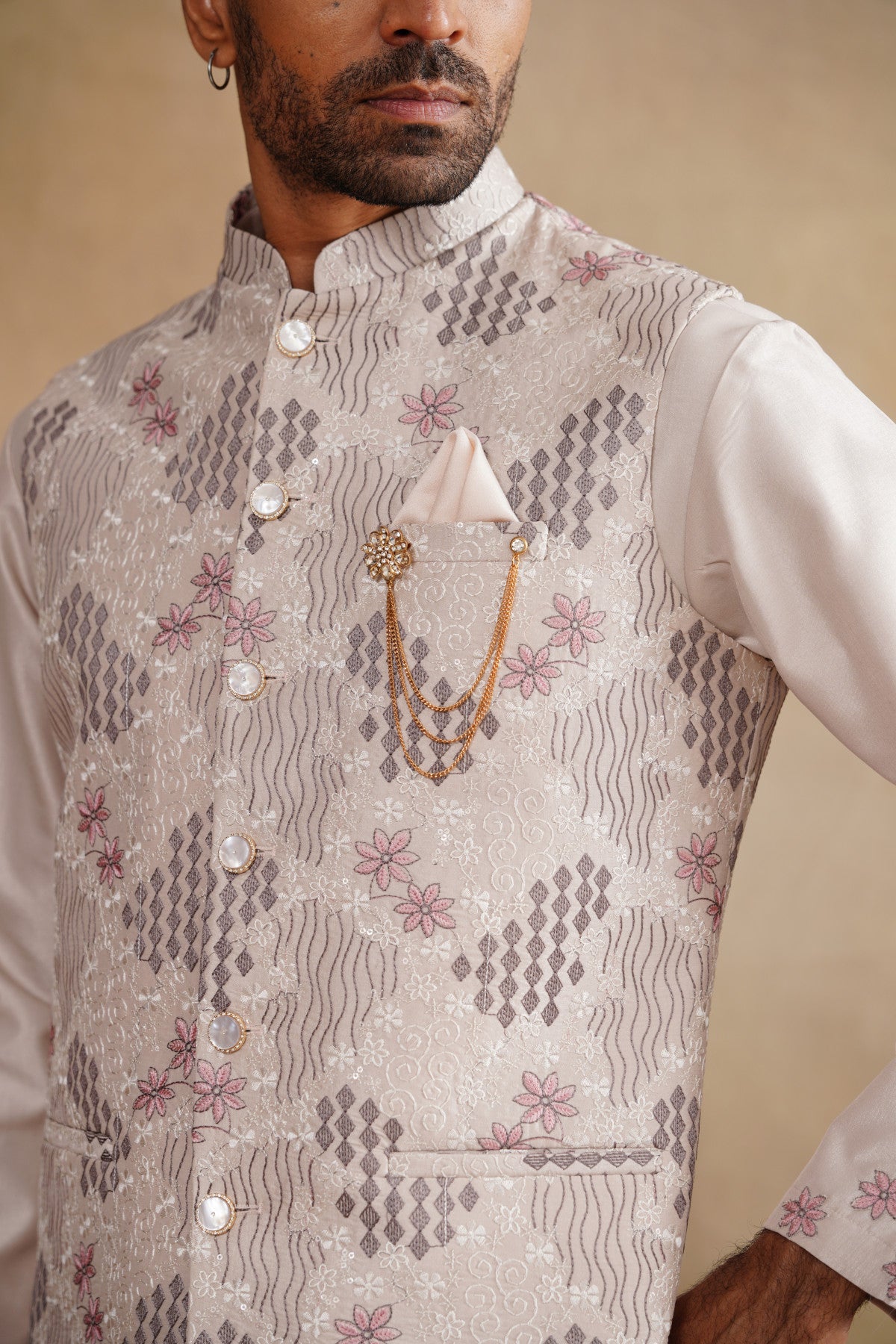 Rose Gold Waistcoat Kurta Set with Pink Floral & Geometric Embroidery