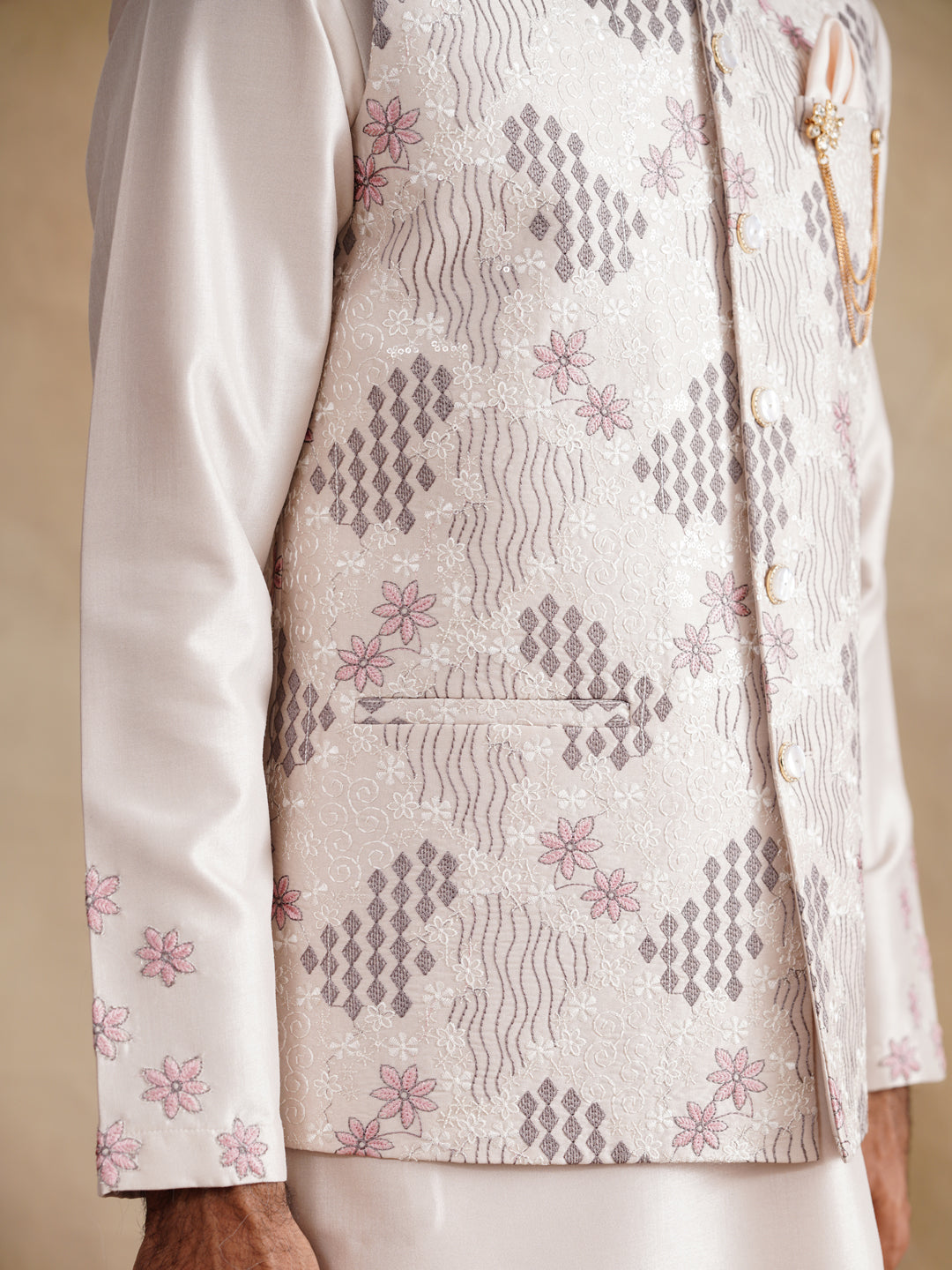 White Thread Embroidered Waist Coat Kurta Set on silk