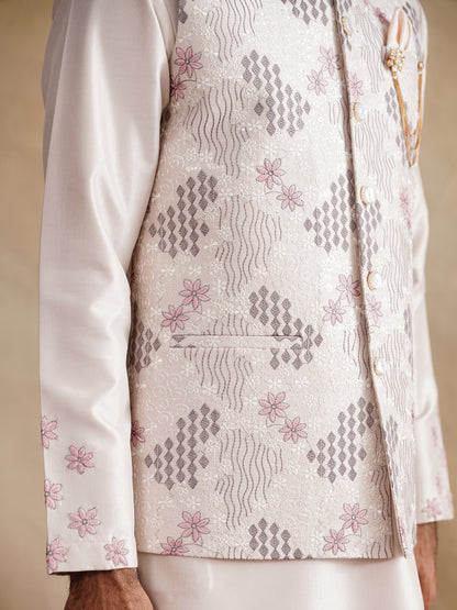 White Thread Embroidered Waist Coat Kurta Set on silk