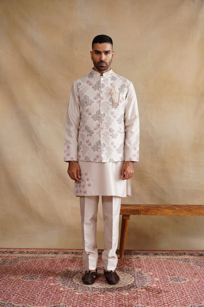 Rose Gold Waistcoat Kurta Set with Pink Floral & Geometric Embroidery