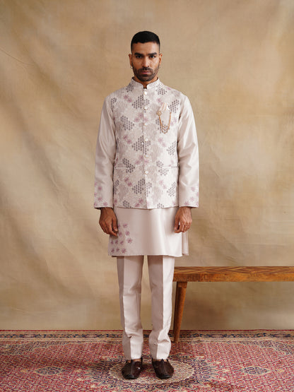 White Thread Embroidered Waist Coat Kurta Set on silk