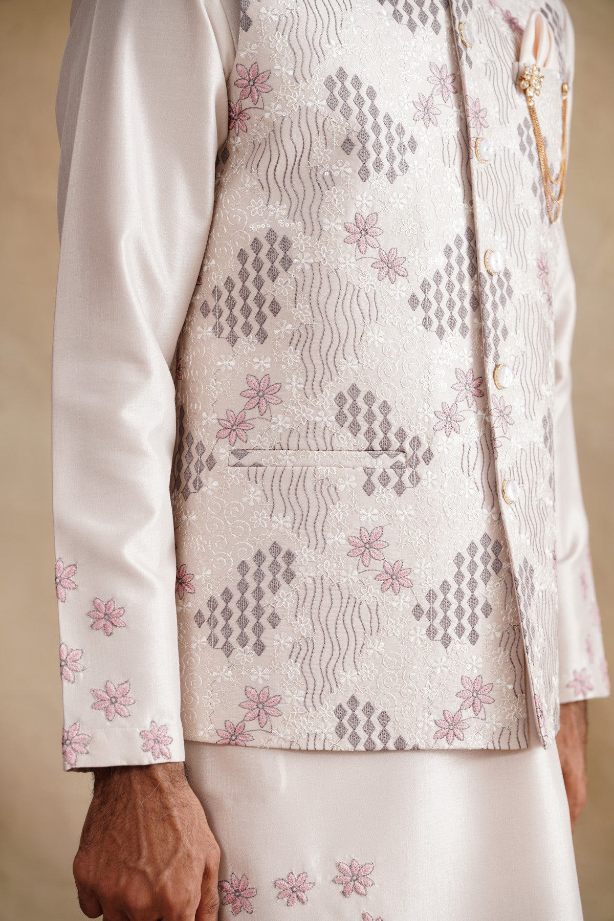 Rose Gold Waistcoat Kurta Set with Pink Floral & Geometric Embroidery