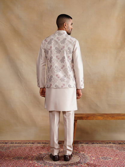 White Thread Embroidered Waist Coat Kurta Set on silk