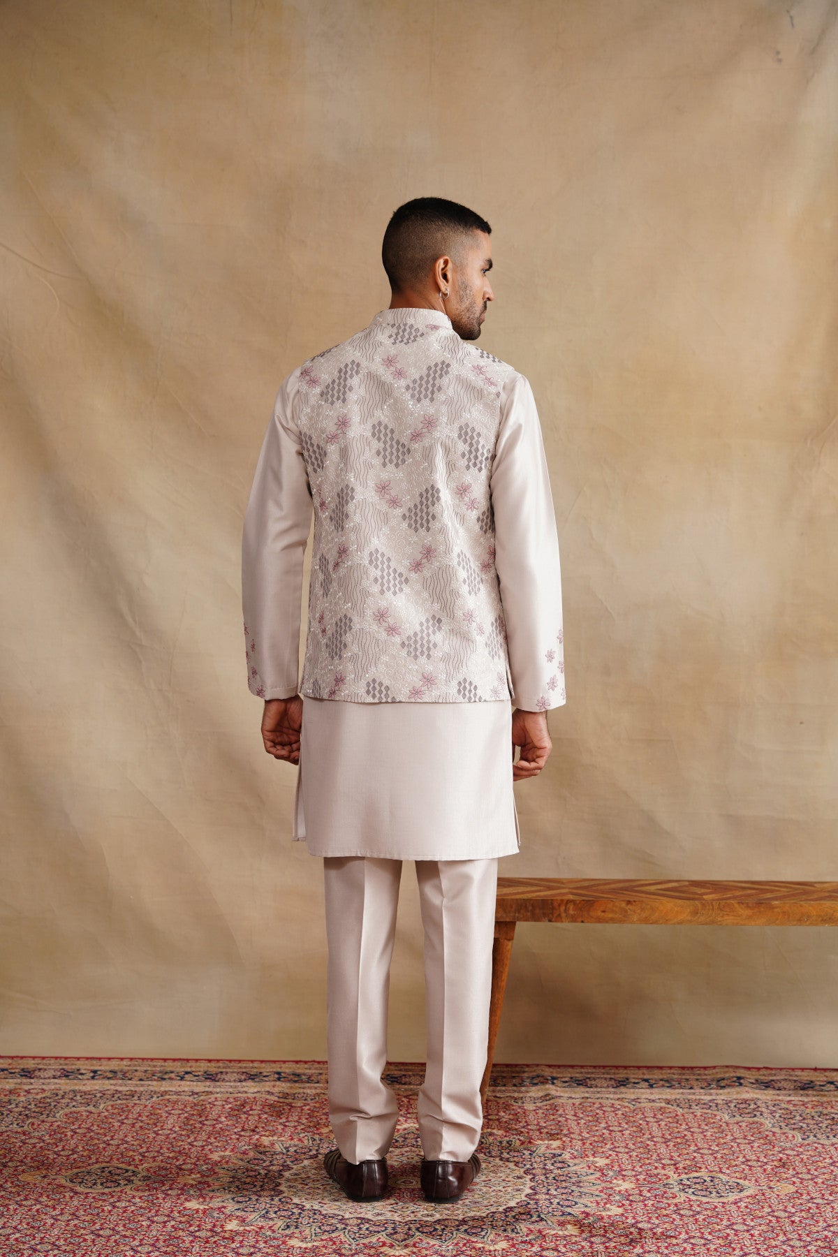 Rose Gold Waistcoat Kurta Set with Pink Floral & Geometric Embroidery