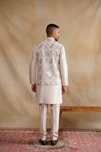 Rose Gold Waistcoat Kurta Set with Pink Floral & Geometric Embroidery