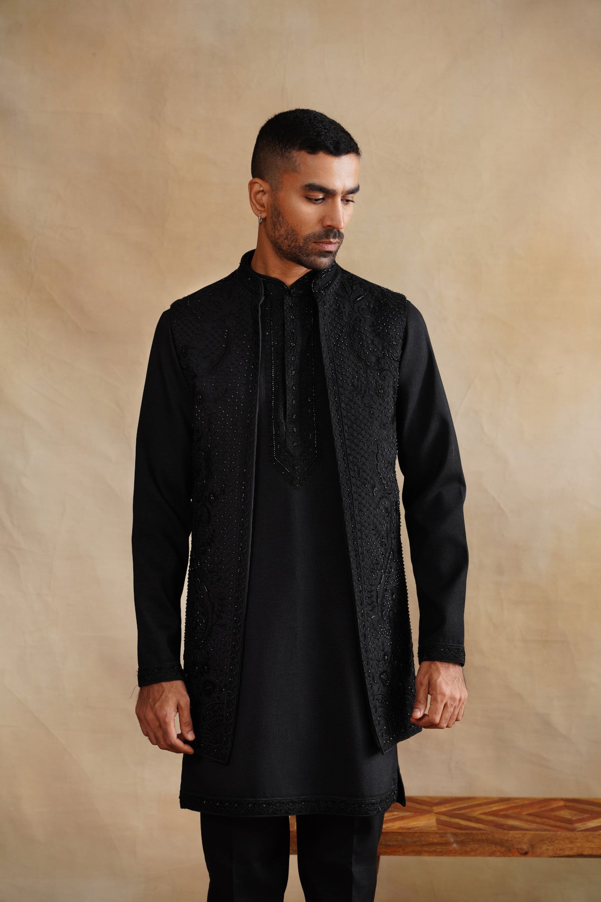 Classic All-Black Waistcoat Kurta Set with Tonal Embroidery