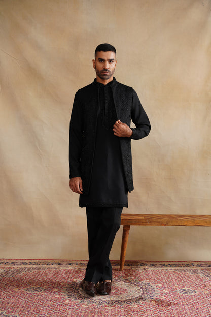 Classic All-Black Waistcoat Kurta Set with Tonal Embroidery