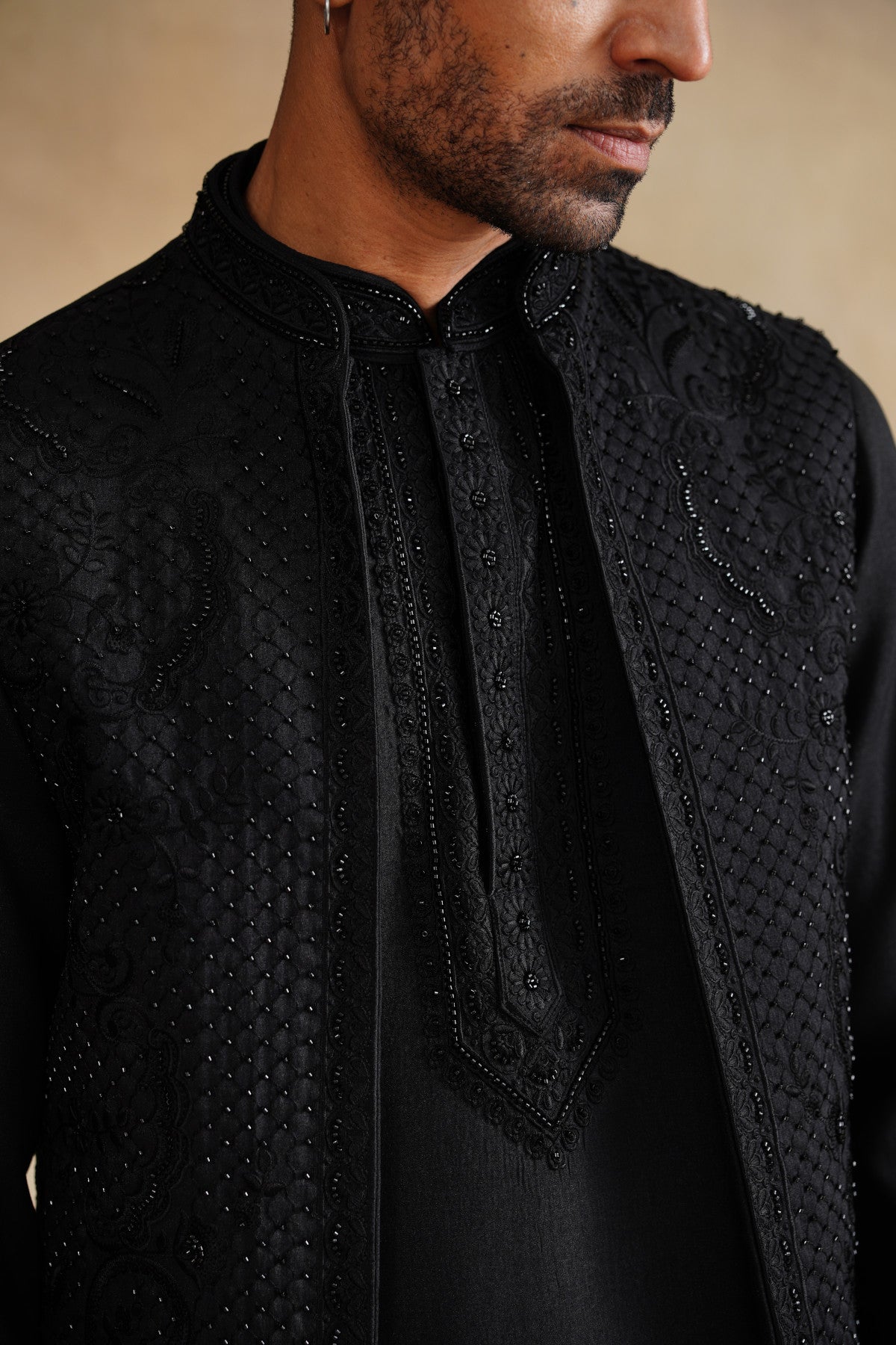 Classic All-Black Waistcoat Kurta Set with Tonal Embroidery