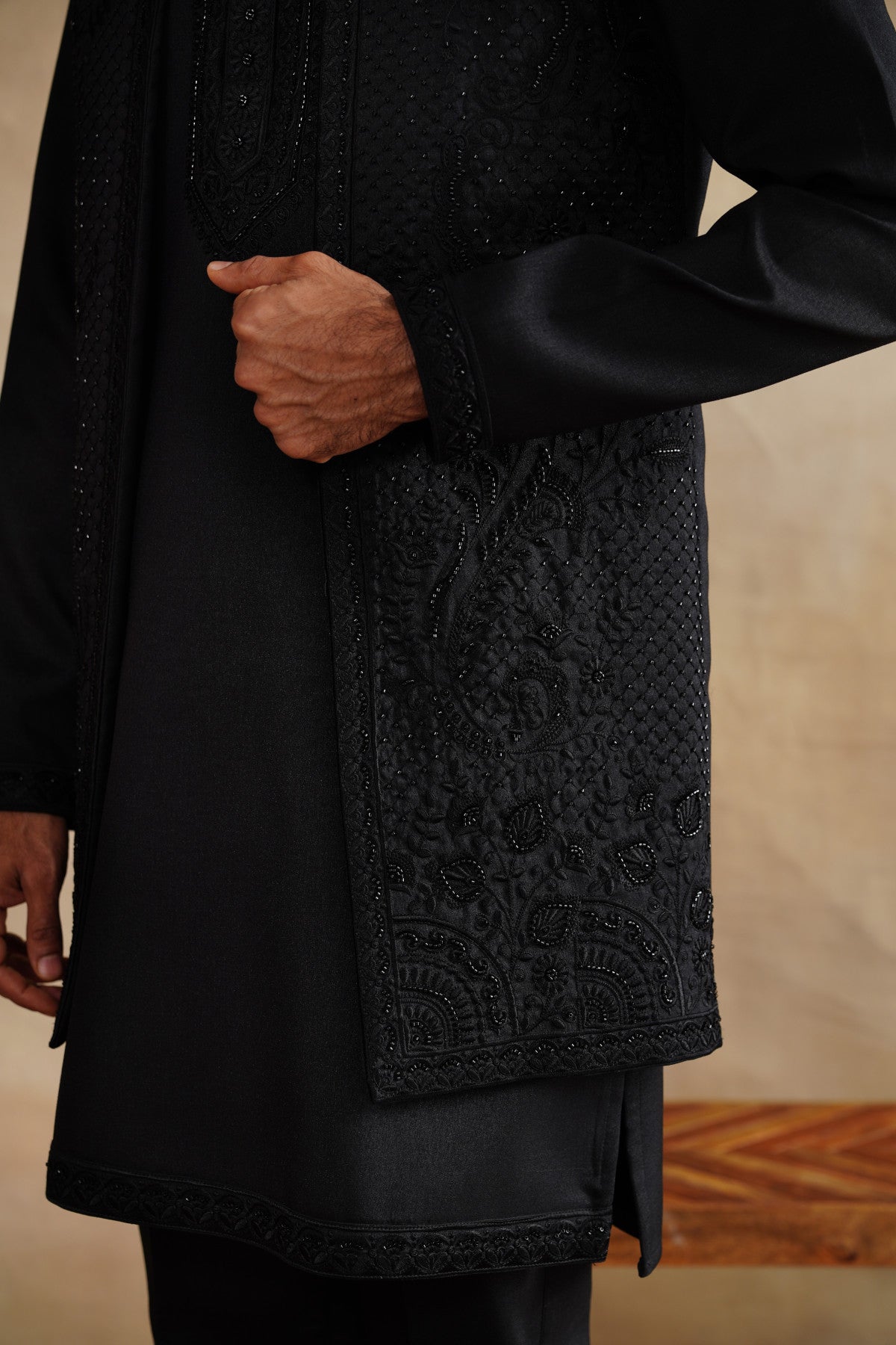 Classic All-Black Waistcoat Kurta Set with Tonal Embroidery
