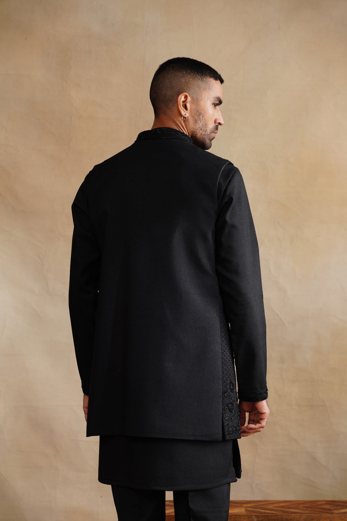 Classic All-Black Waistcoat Kurta Set with Tonal Embroidery