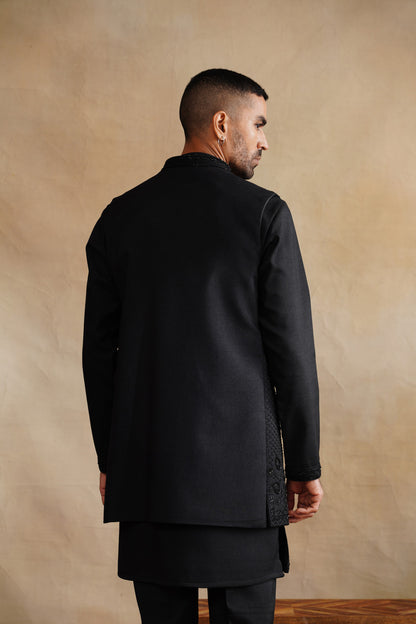 Classic All-Black Waistcoat Kurta Set with Tonal Embroidery