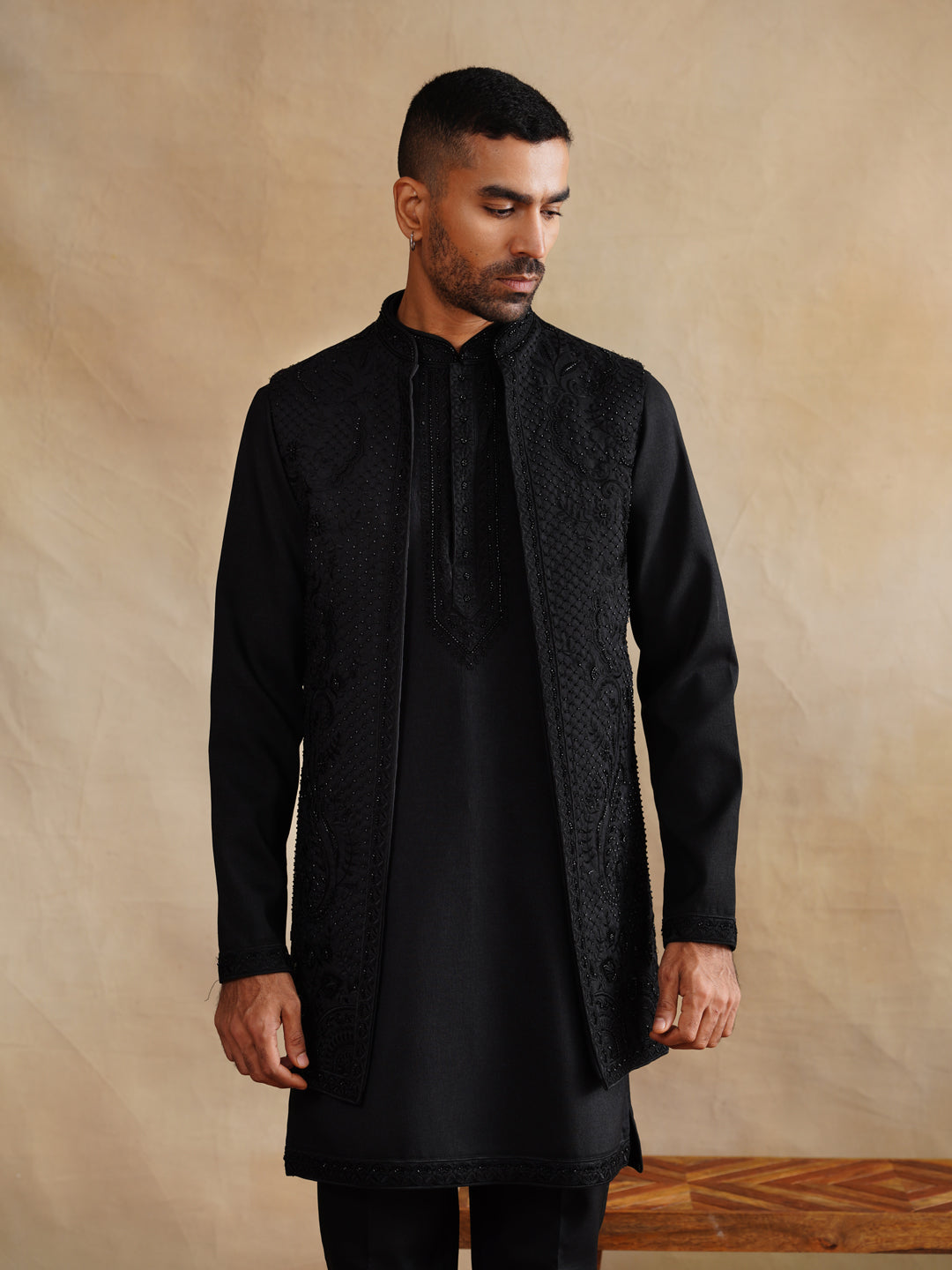 Black thread and Pearl Work Waist Coat Kurta Set on Silk
