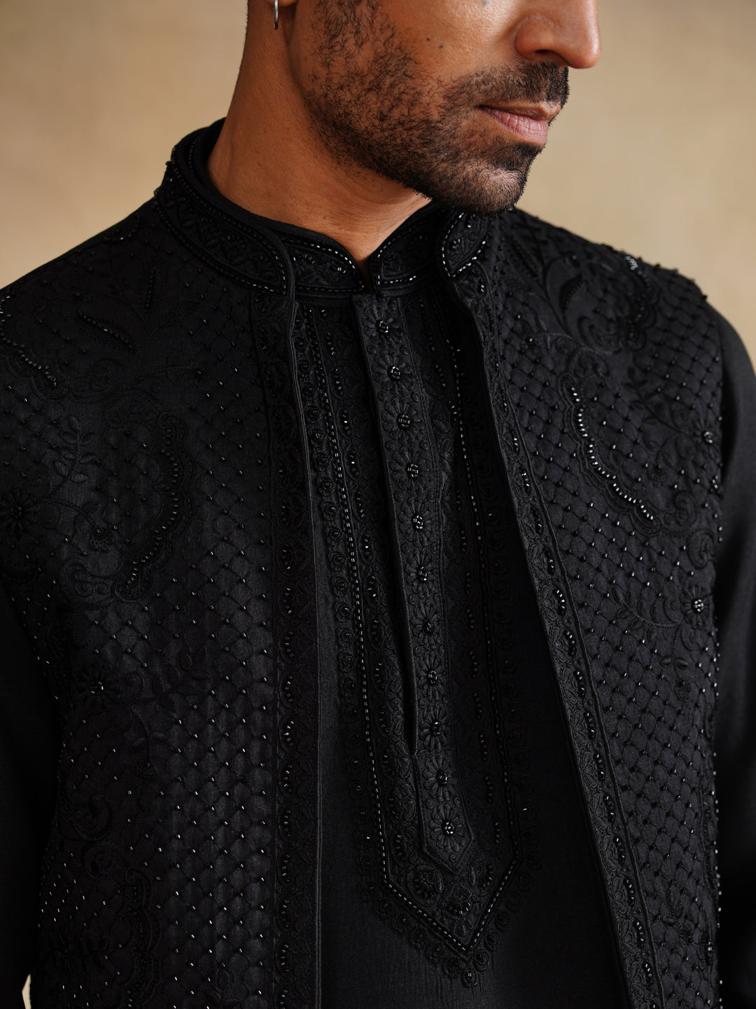 Black thread and Pearl Work Waist Coat Kurta Set on Silk