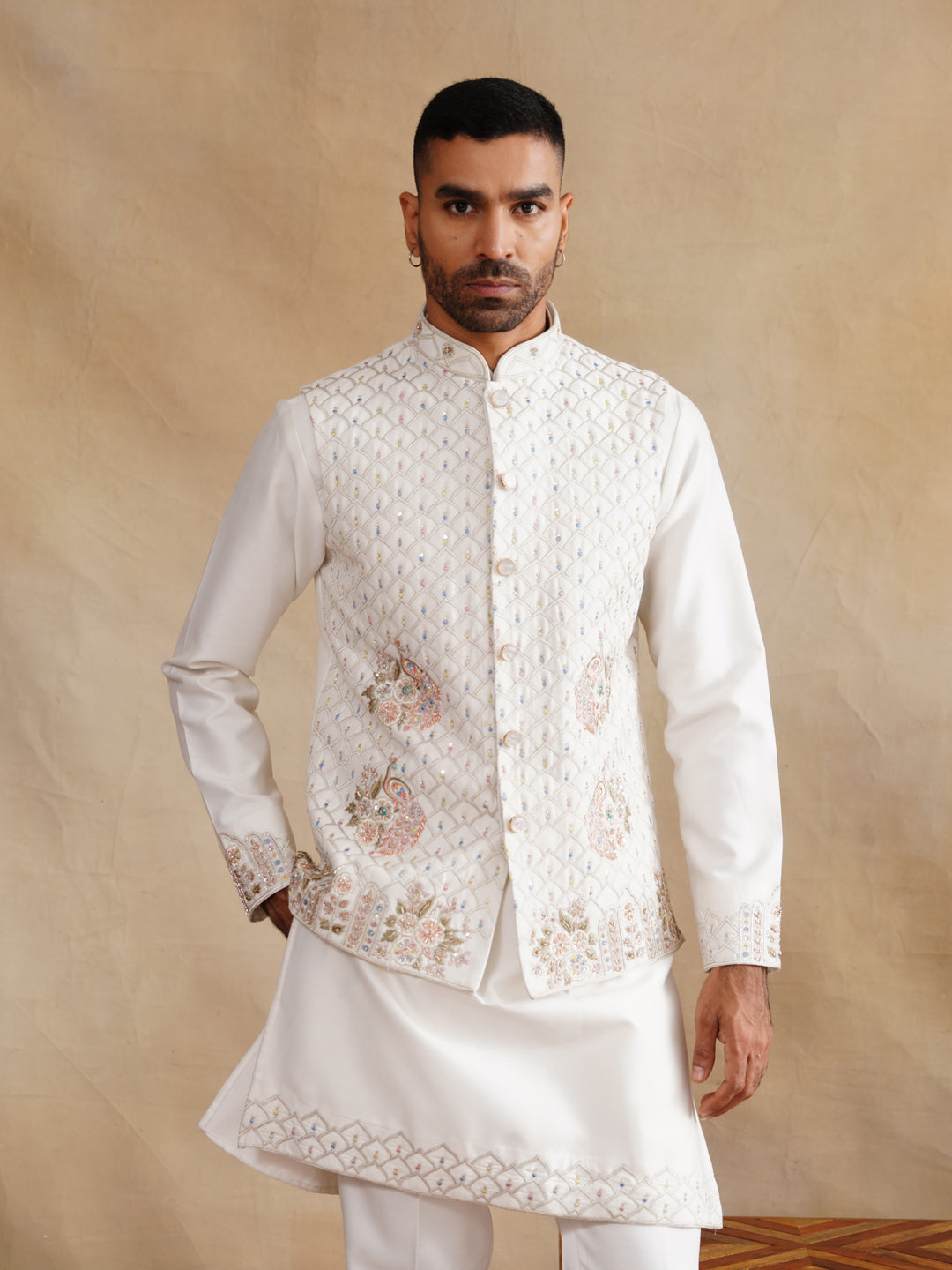 White Zardozi and Thread Embroidered Waist Coat Kurta Set on Silk
