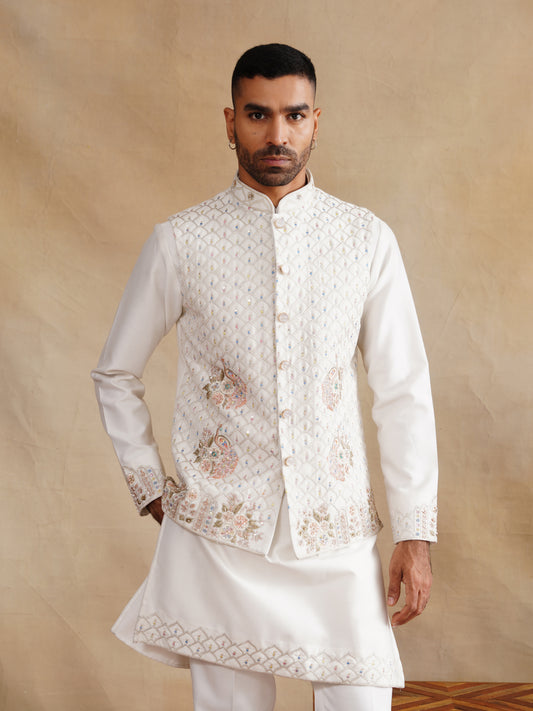 White Zardozi and Thread Embroidered Waist Coat Kurta Set on Silk