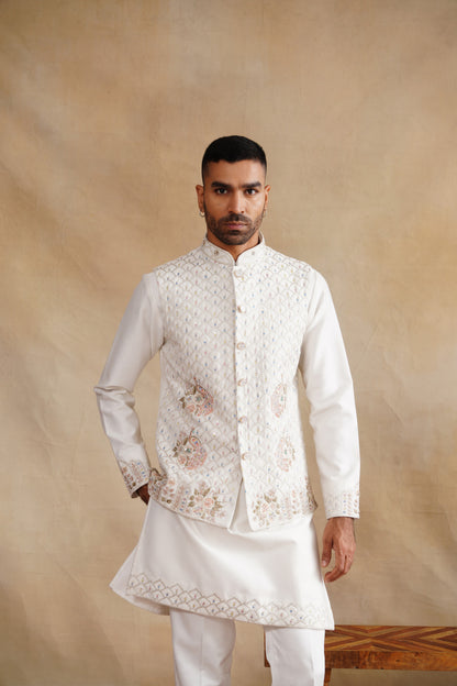 Ivory Waistcoat Kurta Set with Geometric Lattice & Pastel Floral Embroidery