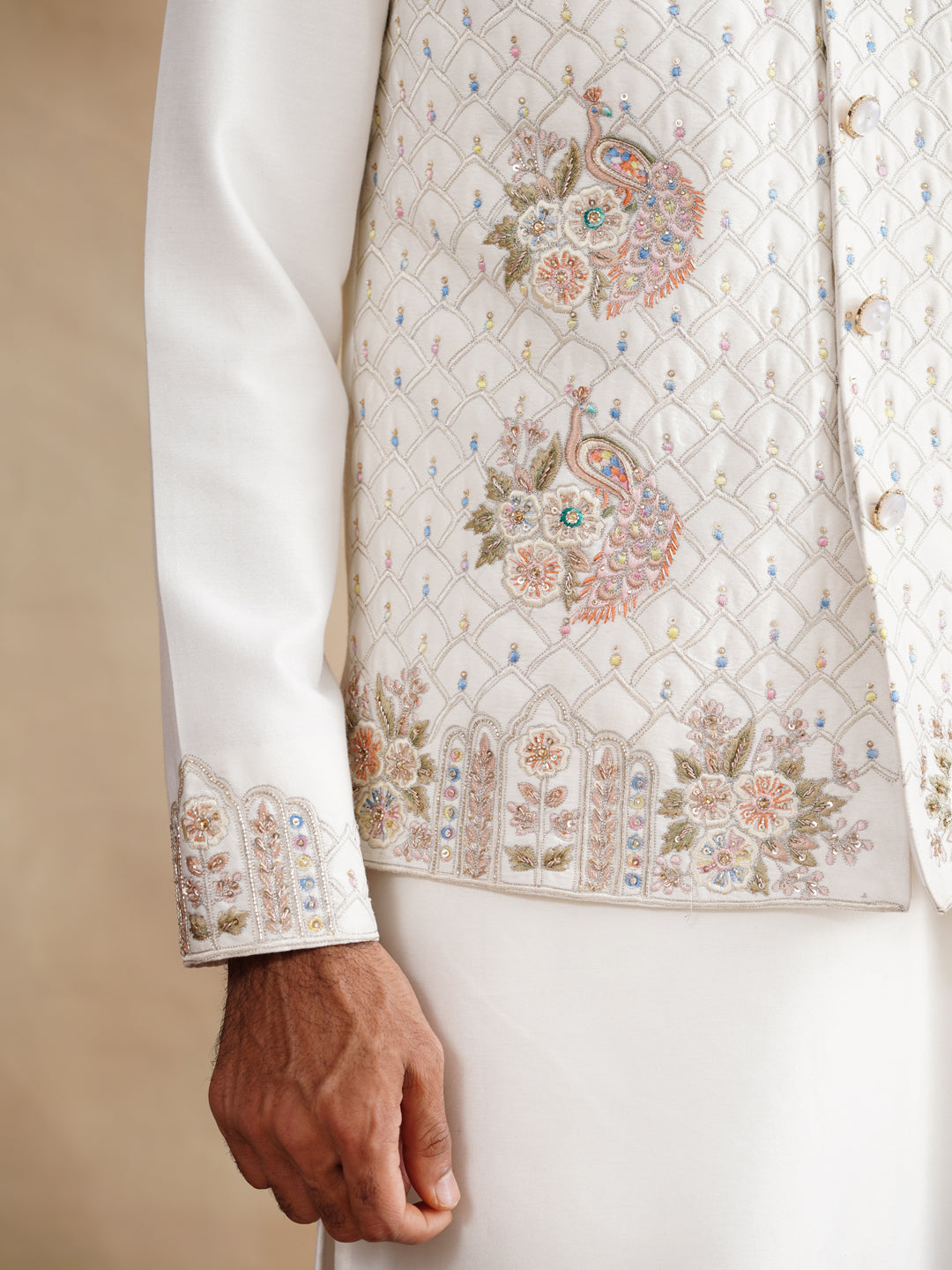 White Zardozi and Thread Embroidered Waist Coat Kurta Set on Silk