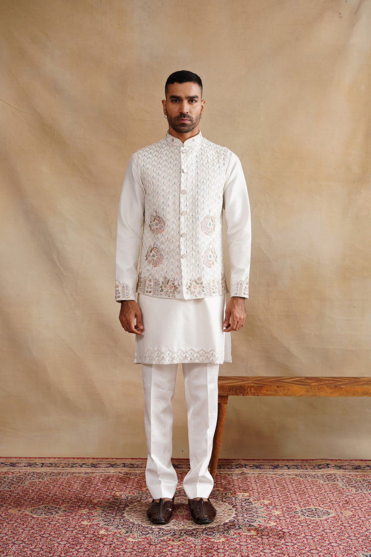 Ivory Waistcoat Kurta Set with Geometric Lattice & Pastel Floral Embroidery