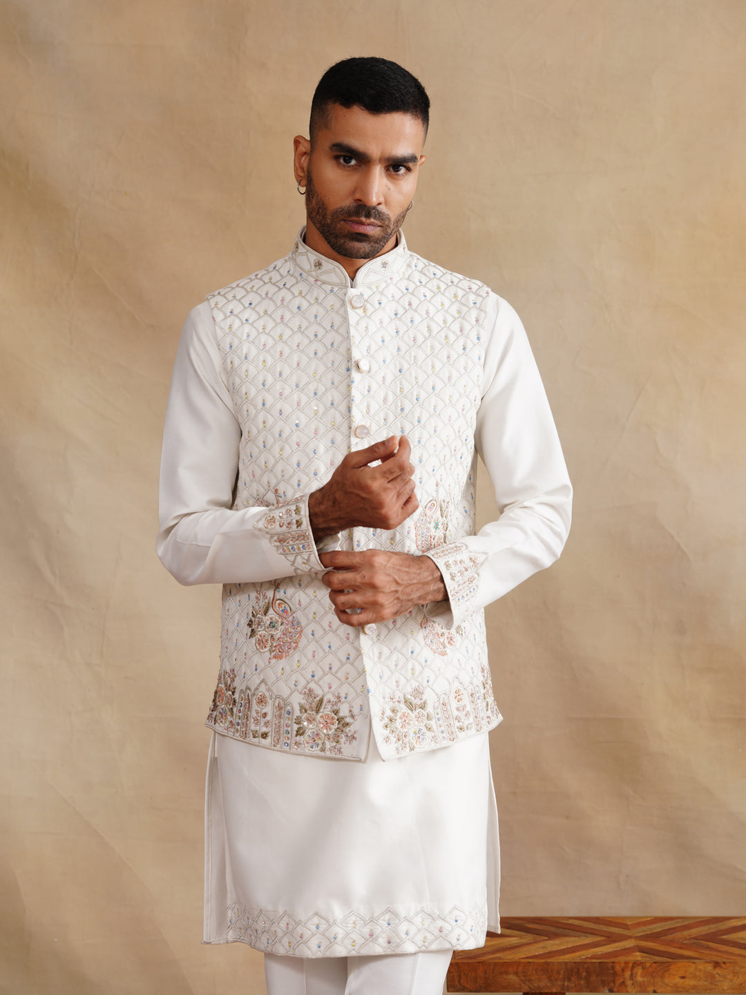 White Zardozi and Thread Embroidered Waist Coat Kurta Set on Silk