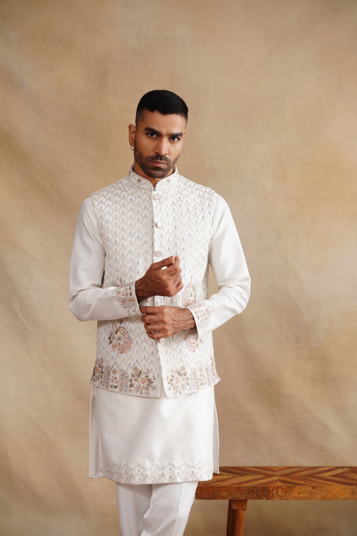 Ivory Waistcoat Kurta Set with Geometric Lattice & Pastel Floral Embroidery