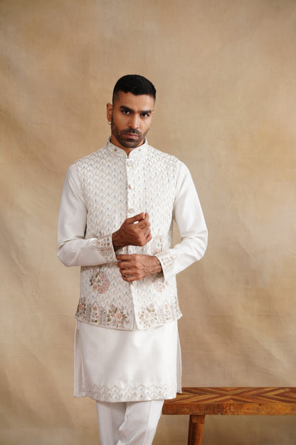 Ivory Waistcoat Kurta Set with Geometric Lattice & Pastel Floral Embroidery