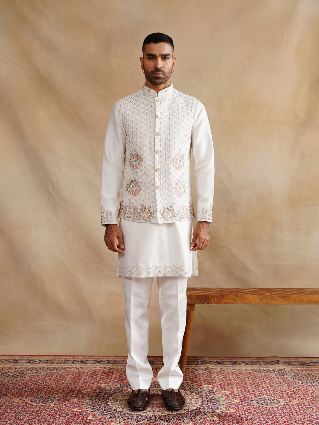 White Zardozi and Thread Embroidered Waist Coat Kurta Set on Silk