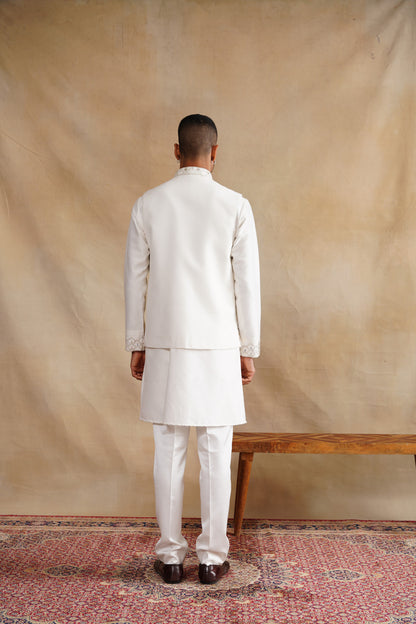 Ivory Waistcoat Kurta Set with Geometric Lattice & Pastel Floral Embroidery