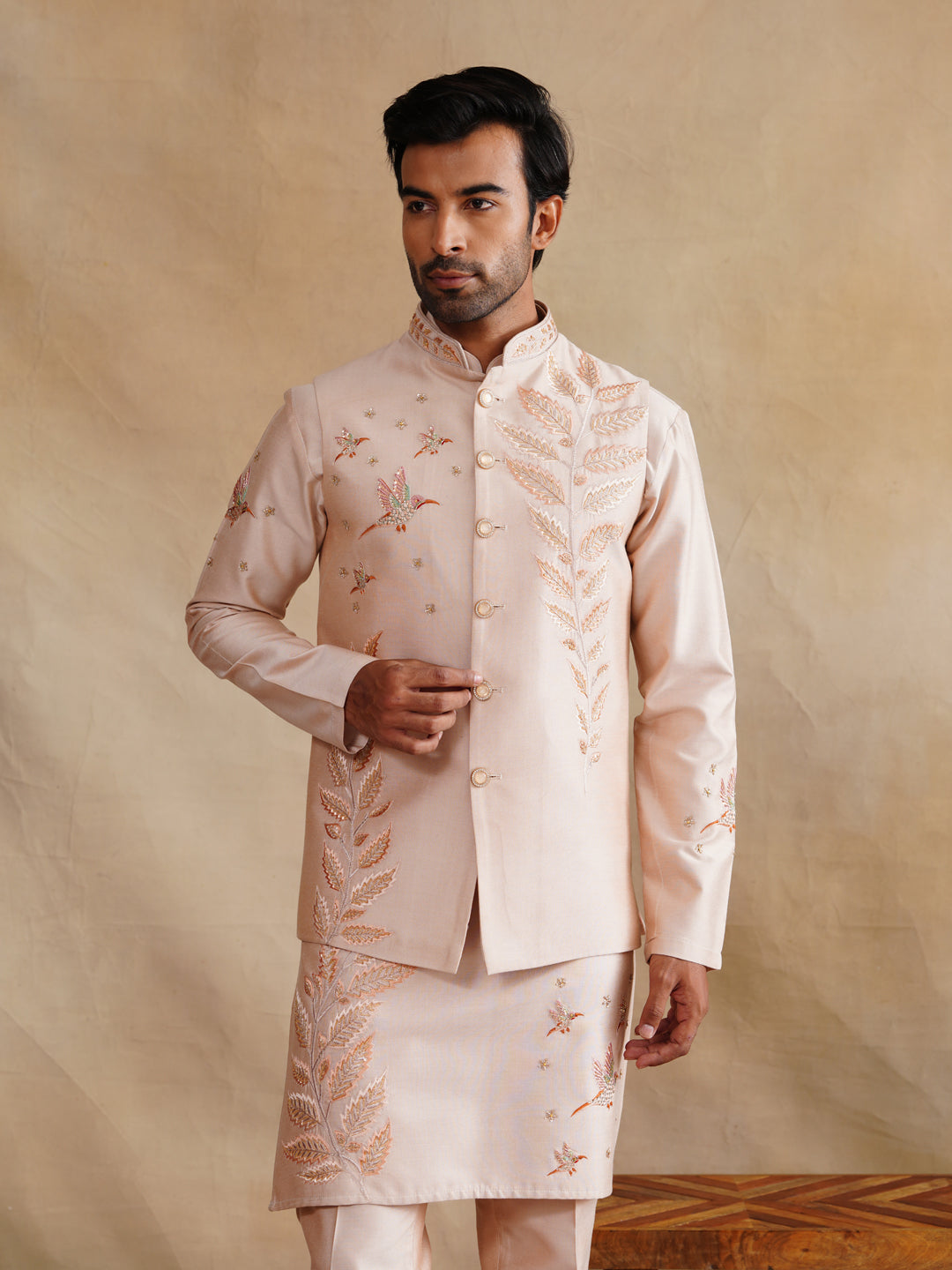 Light Pink Zardozi and Thread Embroidered Waist Coat Kurta Set on Silk