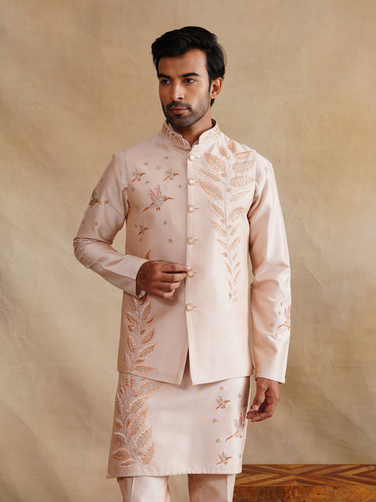 Light Pink Zardozi and Thread Embroidered Waist Coat Kurta Set on Silk