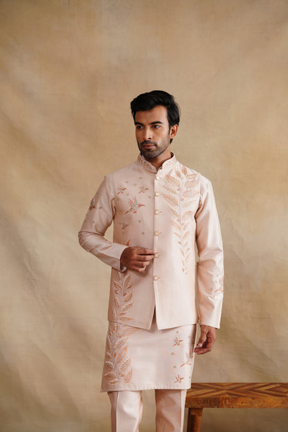 Pastel Pink Waistcoat Kurta Set with Botanical Fern Embroidery