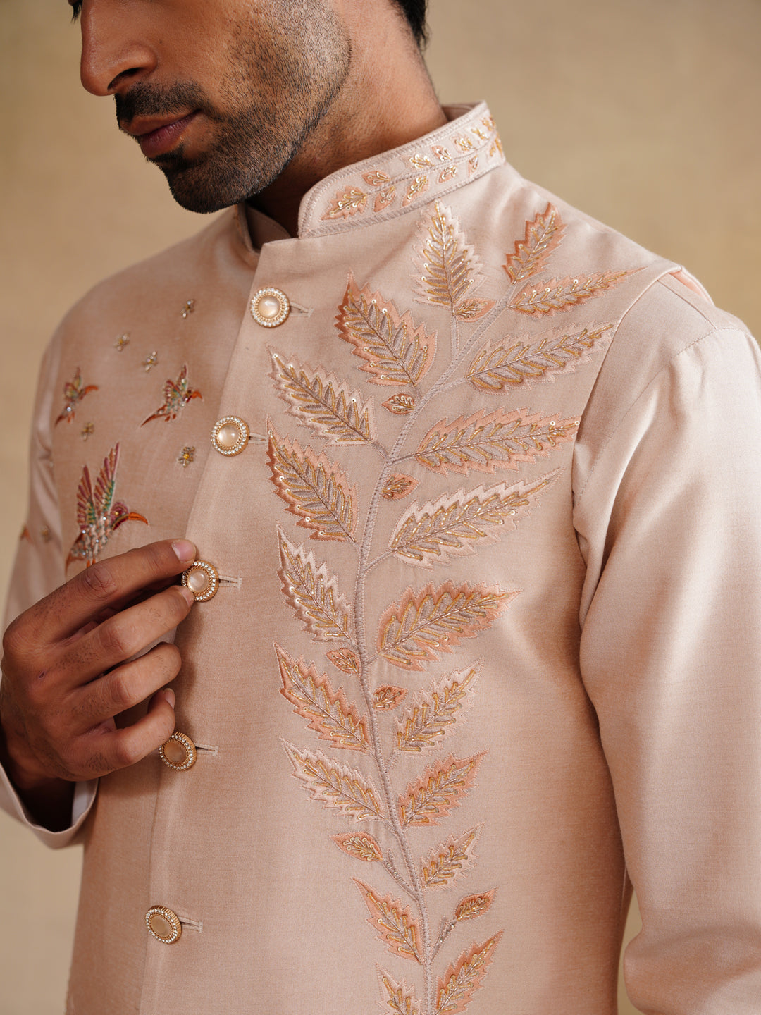 Light Pink Zardozi and Thread Embroidered Waist Coat Kurta Set on Silk
