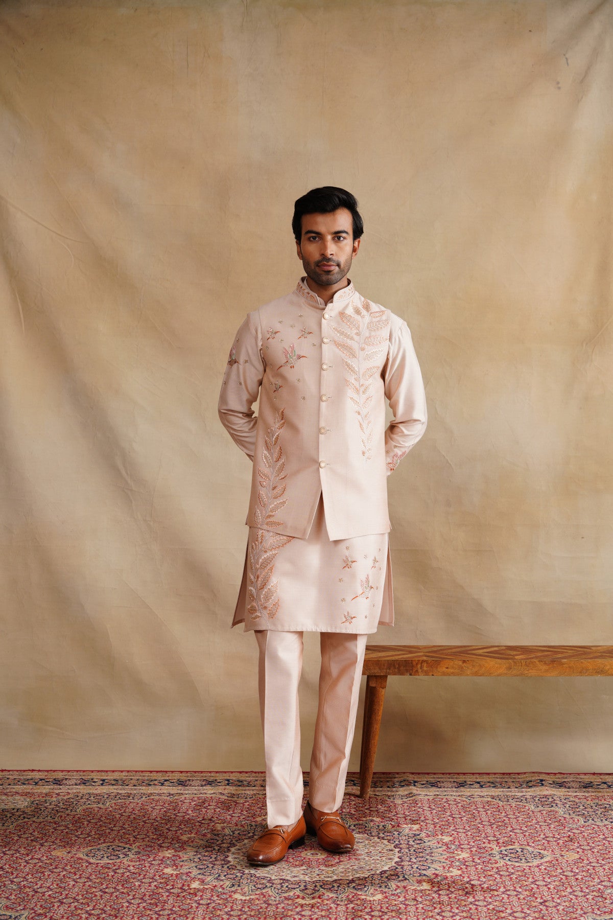 Pastel Pink Waistcoat Kurta Set with Botanical Fern Embroidery