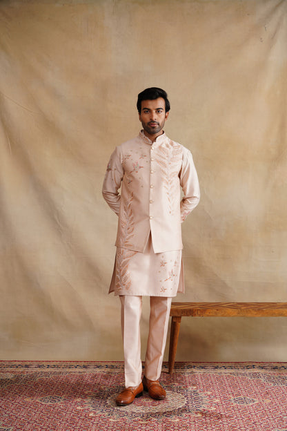 Pastel Pink Waistcoat Kurta Set with Botanical Fern Embroidery